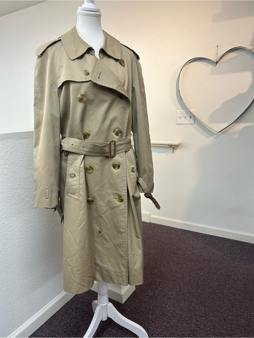 Vintage Burberry Classic Khaki Trench Coat Beige Size Large